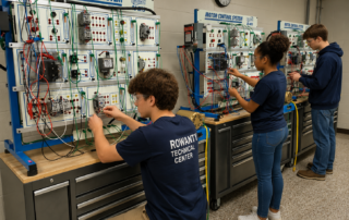 Students working with motor control systems in Rowanty Technical Center’s Engineering and Manufacturing program.